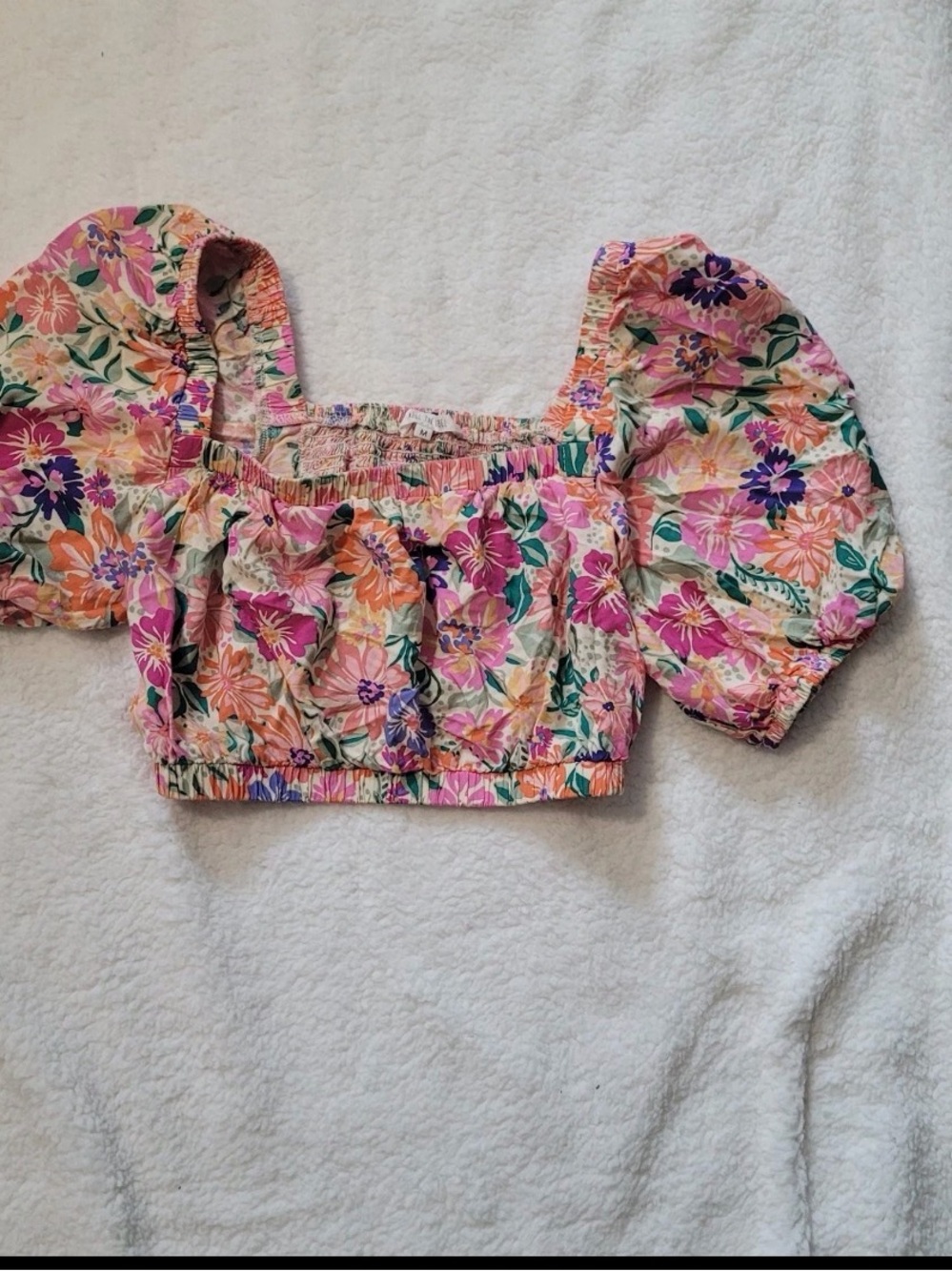 Abel The Label Floral Puff Sleeve Smocked Crop Top Cottagecore Blouse M